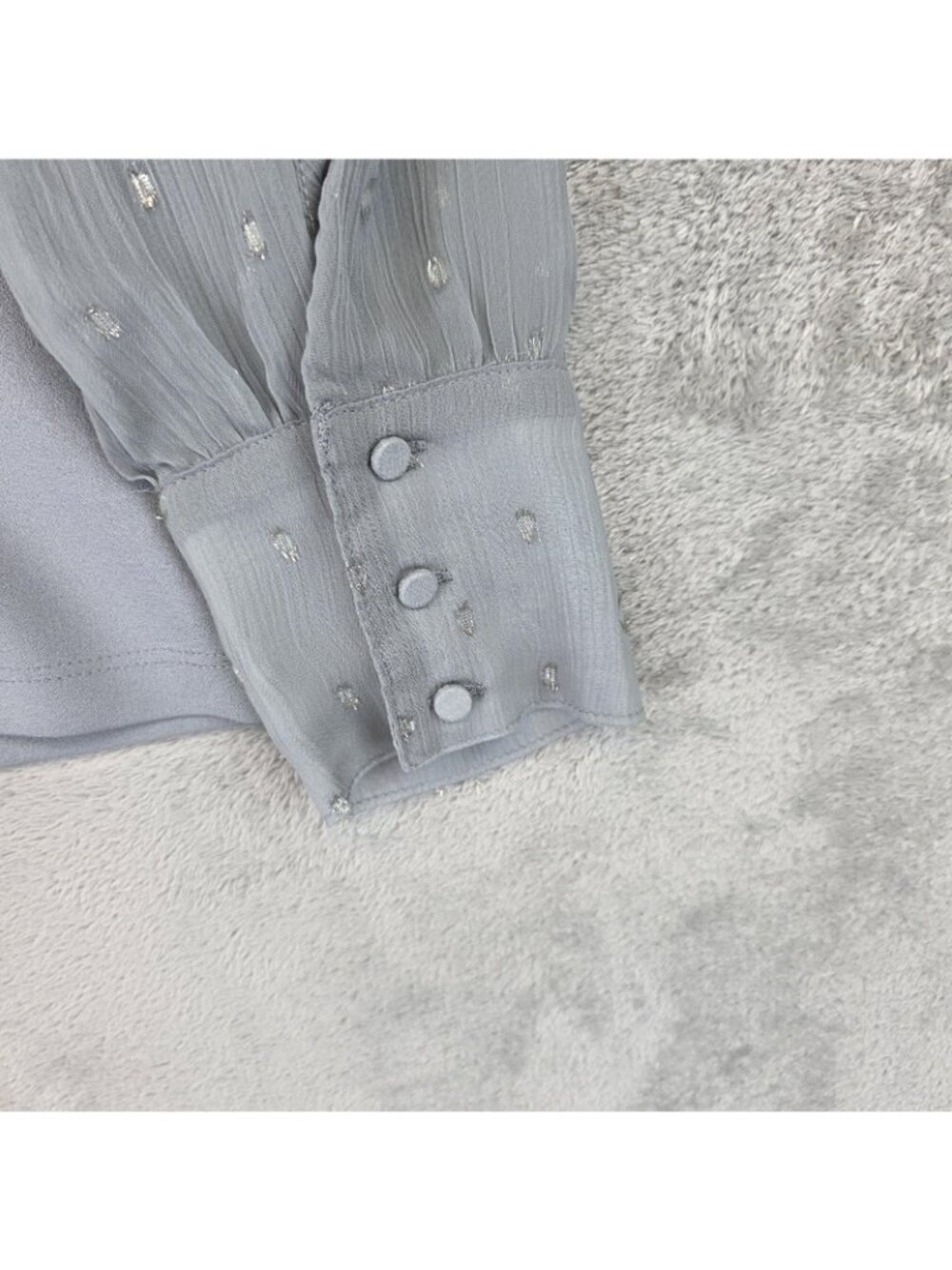 Ann Taylor Blouse Womens M Gray Mock Neck Long Balloon Sleeve Sheer Dot Top - Picture 6 of 11